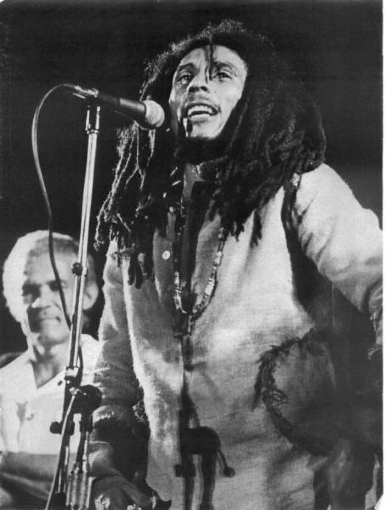 Photograph of Jamaican singer and composer Bob Marley in concert - date and location unknown