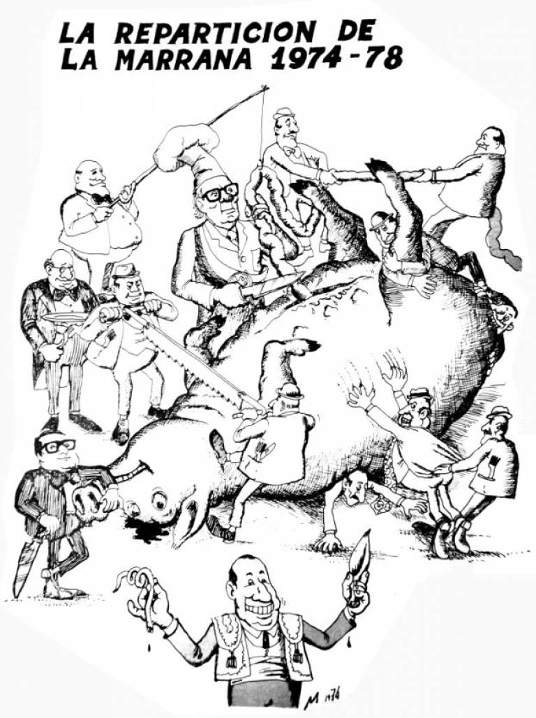 Cartoon of the slaughter of a pig (representing power and influence) surrounded by various characters (Colombian elites) participating in the slaughter and picking the best pieces, with the caption in Spanish 'la reparticion de la marrana 1974-78'