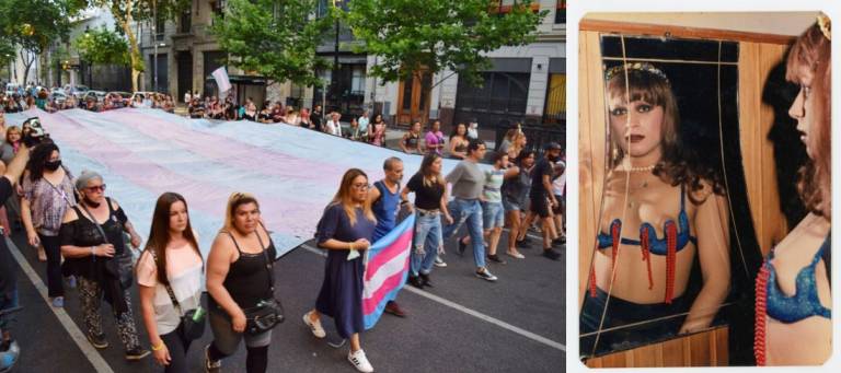 Composite photograph showing, from l to r, a scene of a demonstration in favour of trans rights and the image of a trans dancer in cabaret attire