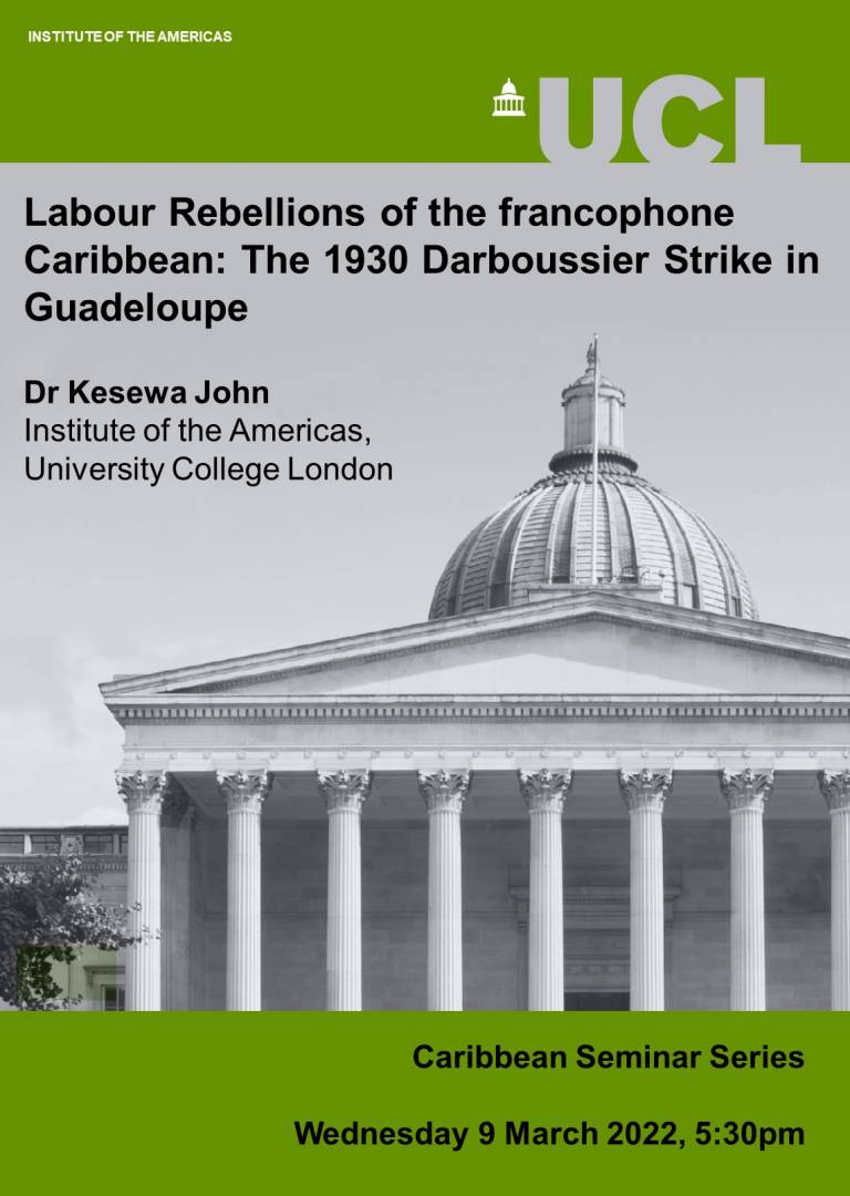 Event poster showing a photograph of the UCL Portico, the event title, guest speaker and date