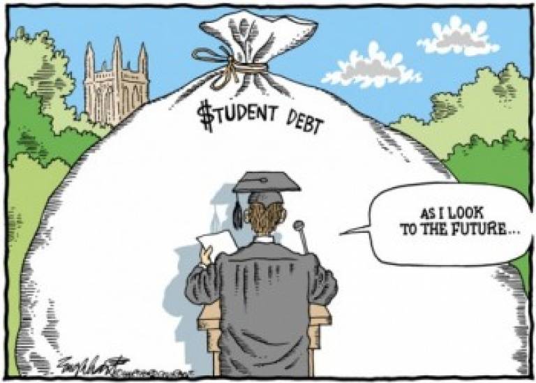 Cartoon image of a graduand contemplating a future of debt