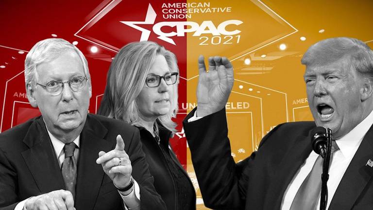 Composite photograph of, from left to right, Senator Mitch McConnell (Rep), Senator Liz Cheney (Rep) and former U.S. president Donald Trump, against the background of the CPAC Congress 2021 banner