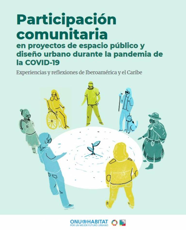 Cover of the UN report on community participation and urban design, showing a schematic illustration of a number of diverse persons standing around a growing tree, with the logo of the UN Habitat Office 