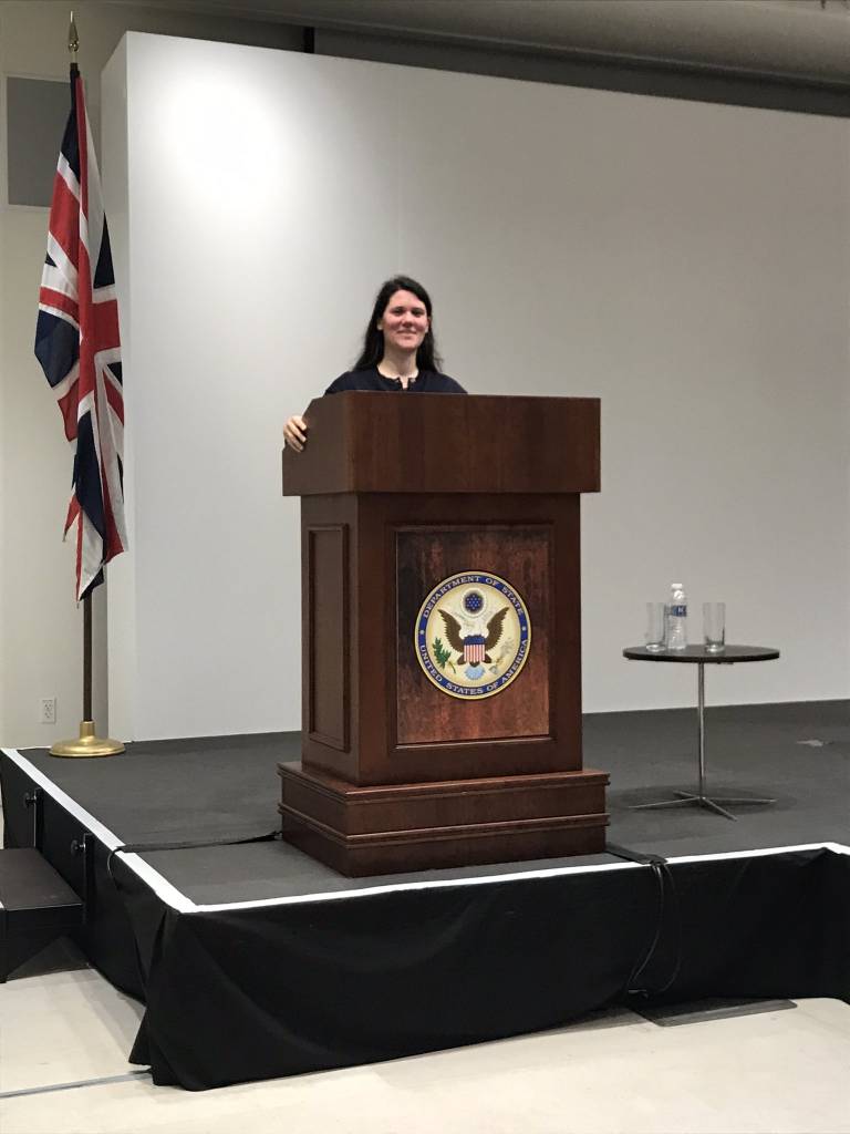 Josephine Harmon delivering the British Library US Politics Today Lecture in November 2022