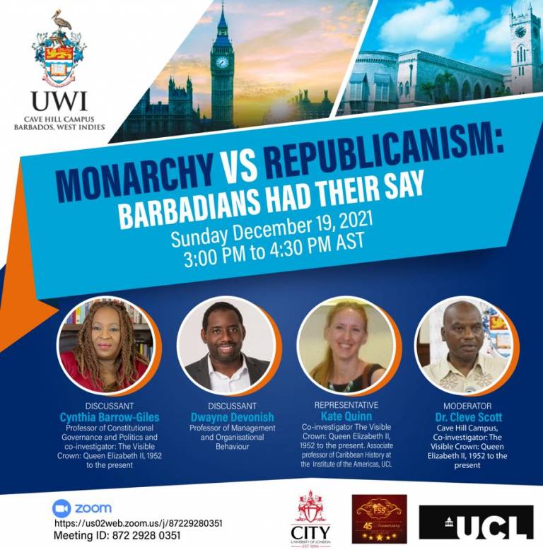 Event flier showing images of the Houses of Parliament in London, Parliament House in Barbados, the logos of sponsoring institutions, photographs of three guest speakers and the moderator, the event title and date, and Zoom link