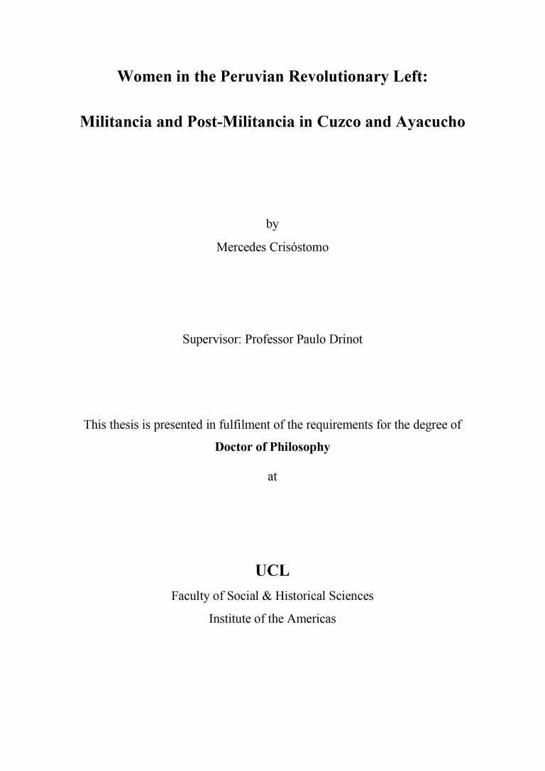 Cover page of Mercedes Crisostomo Meza's doctoral thesis