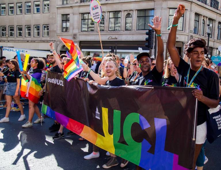 Photograph of the Out@UCL contingent participating in the Pride parade 2020