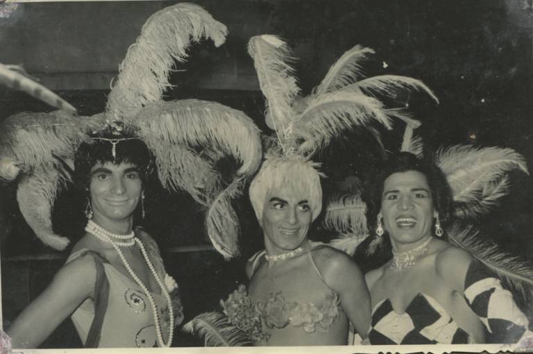 Image of three trans persons, in cabaret act garb © Archivo de la Memoria Trans