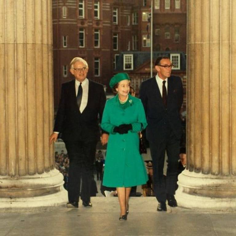 The Queen is pictured during a visit to UCL in 1985 to mark the official completion of the Main Quad