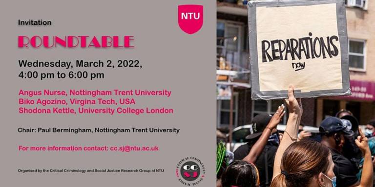 Event poster depicting protestors at a demonstration demanding reparations now, with the title, place, date, time and the names of panellists and chair, with the NTU logo