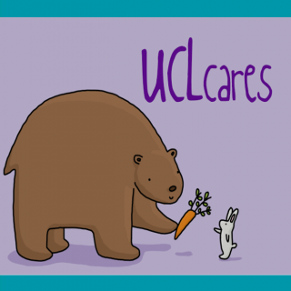 Whimsical cartoon-style image of a brown bear offering a carrot to a little white rabbit with the words UCL Cares
