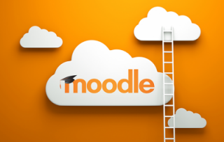 Moodle logo, consisting of a series of clouds, a ladder up to one of the clouds, the word moodle with an image of a mortarboard hat sitting on the initial letter 'm'; all against a background in orange hues 