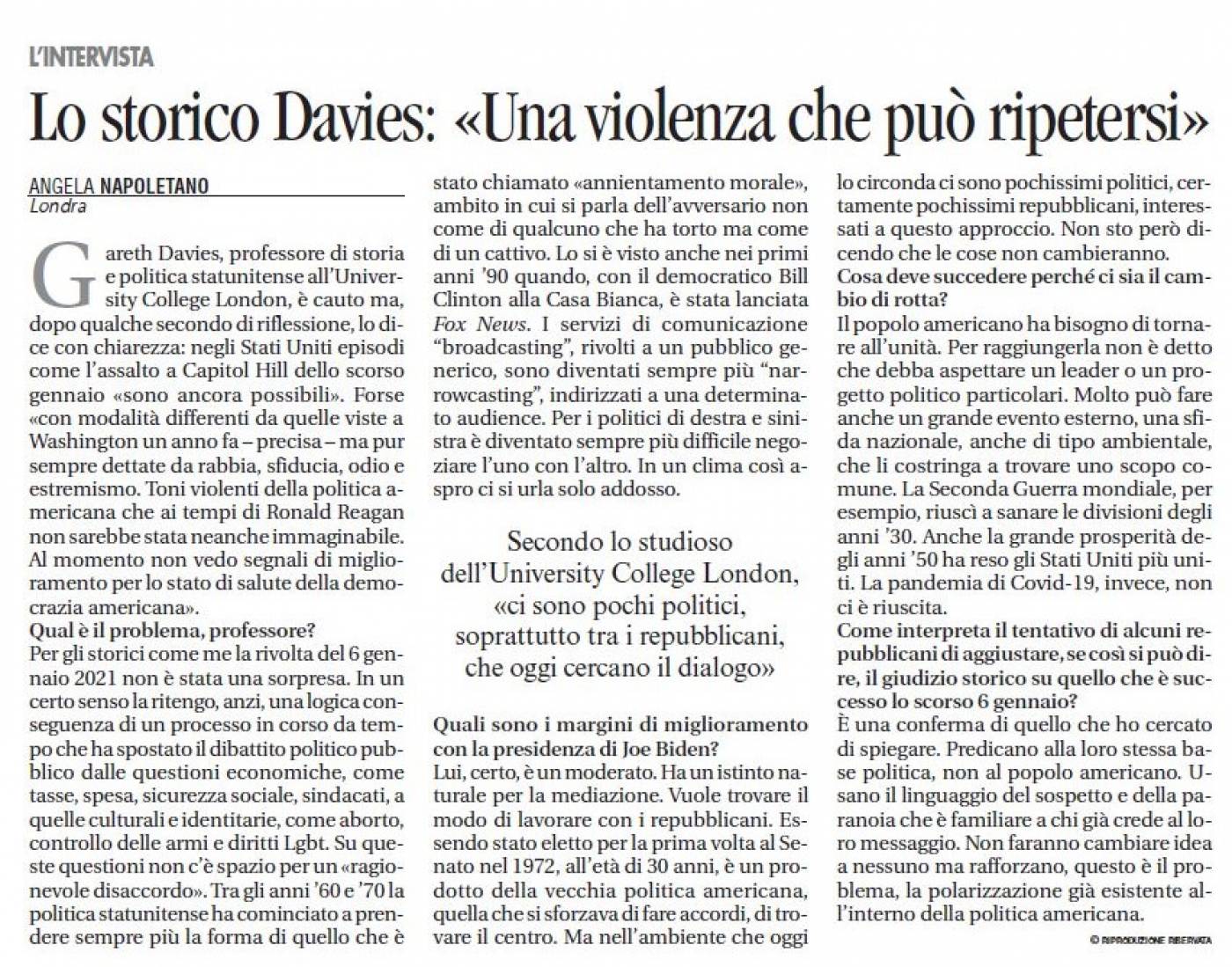 Article in Italian by Professor Gareth Davies in newspaper Avvenire