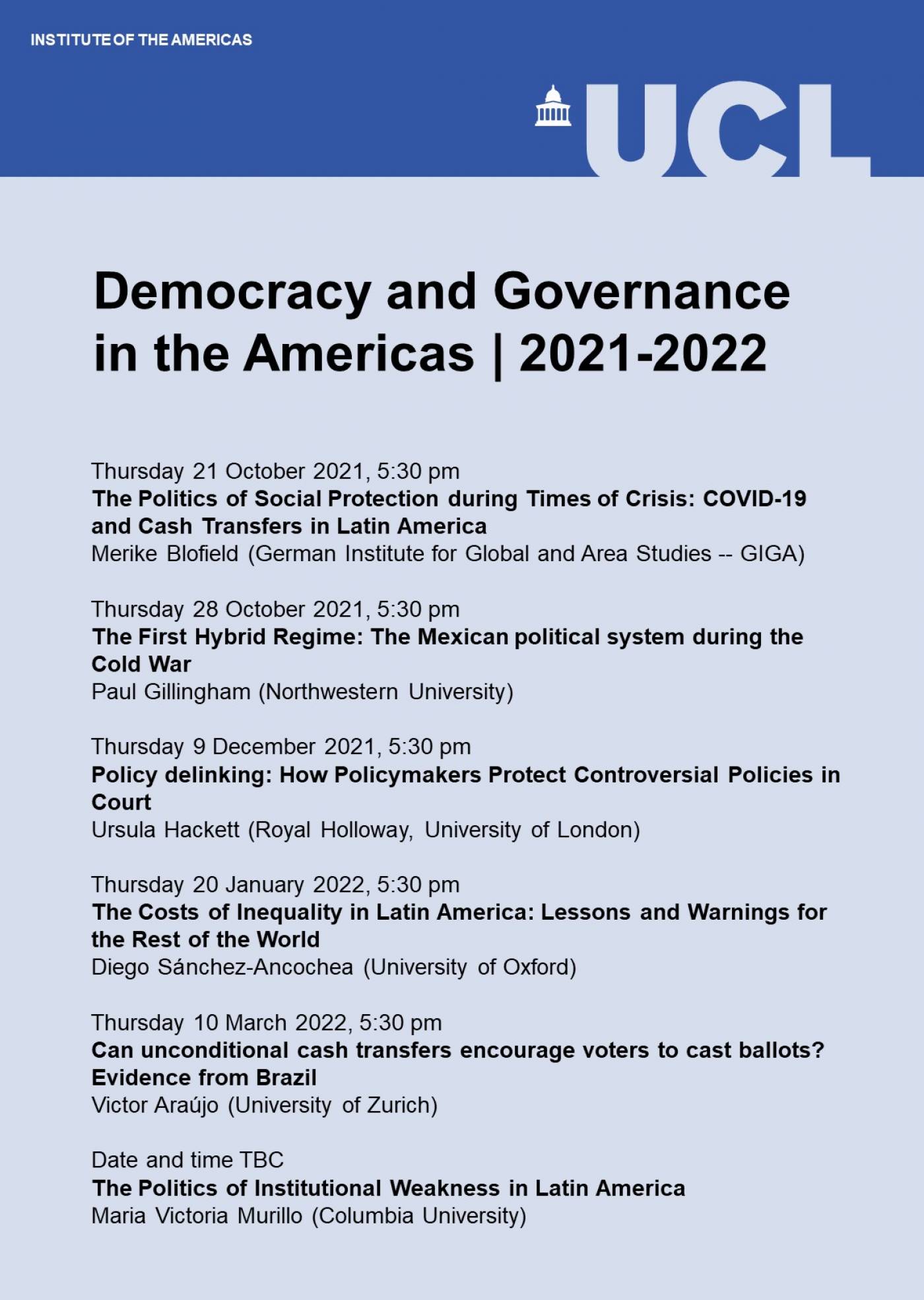 Democracy and Governance in the Americas event series calendar 2021-2022