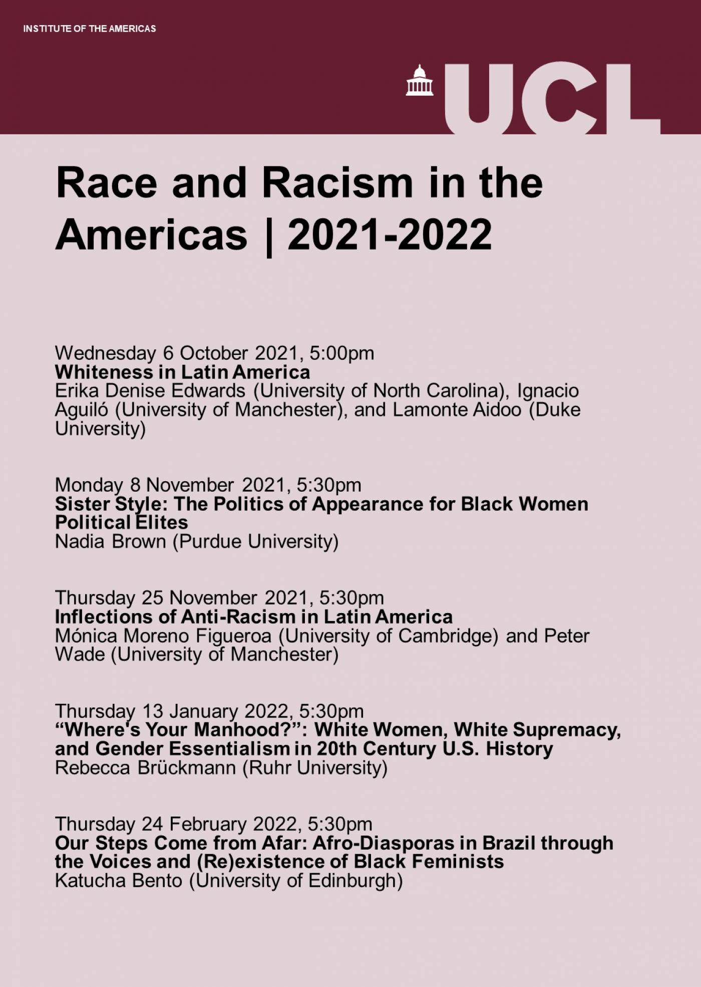 Race and Racism in the Americas series poster showing the events scheduled for the academic year 2021-22