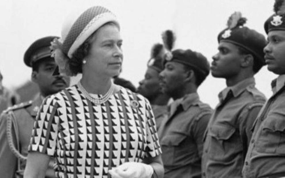 Photograph of Queen Elizabeth II inspecting troops of Afro-Caribbean ethnic background at an undisclosed location