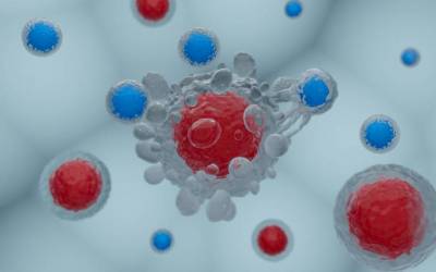 3D render of CAR T cells attacking cancer cells