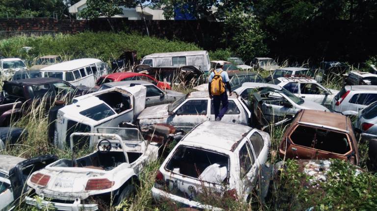 person walks away from camera through a large number of derelict cars, with grass growing between them