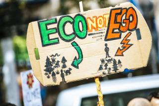 protest placard made of cardboard reading ECO NOT EGO with hand drawn pictures of people in nature
