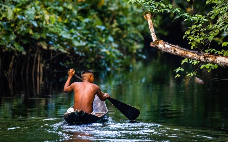 Man rowing a boat in the Amazon