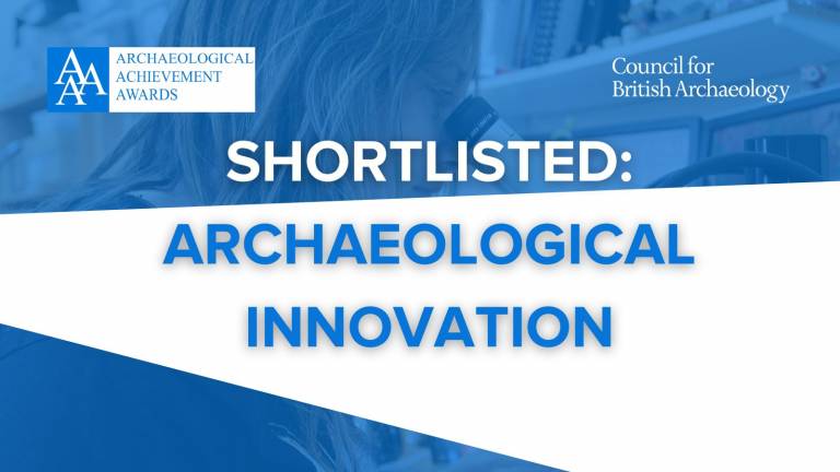 text on a blue background reads "SHORTLISTED: ARCHAEOLOGICAL INNOVATION"