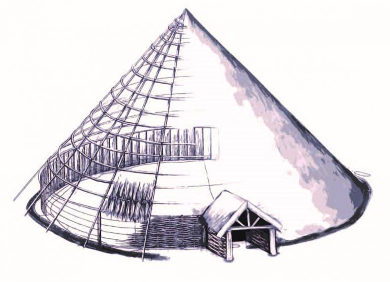 A reconstruction of an Iron Age roundhouse from Brisley Farm.