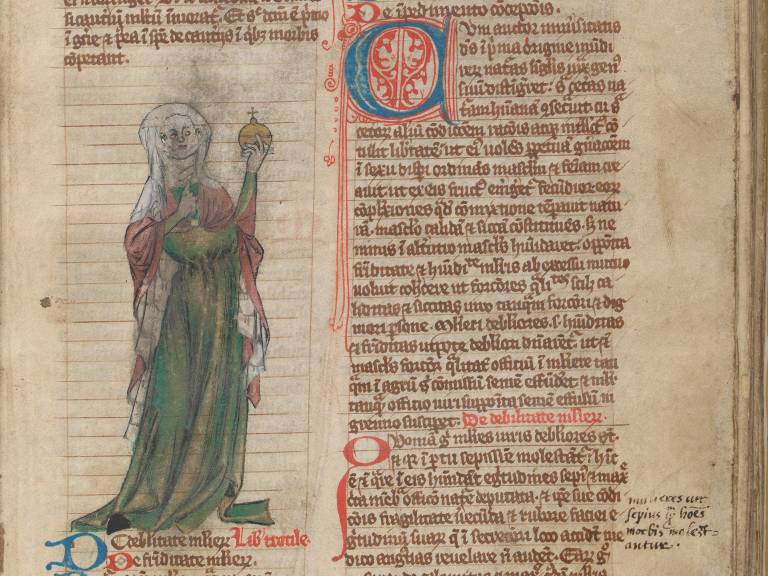 Pen and wash drawing meant to depict "Trotula", clothed in red and green with a white headdress, holding an orb. Image from "Book of learned medical treatises with some additional practical texts" (Miscellanea Medica XVIII), Wellcome Library MS 544, p. 65