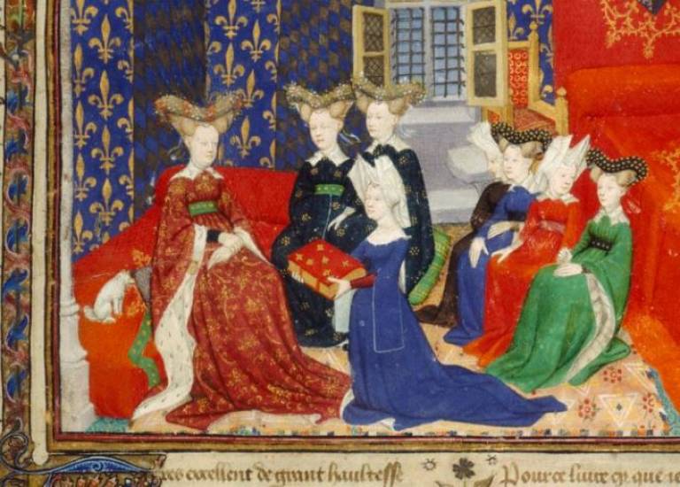 Christine de Pizan presenting her book to queen Isabel of Bavaria Harley MS 4431 f.3r