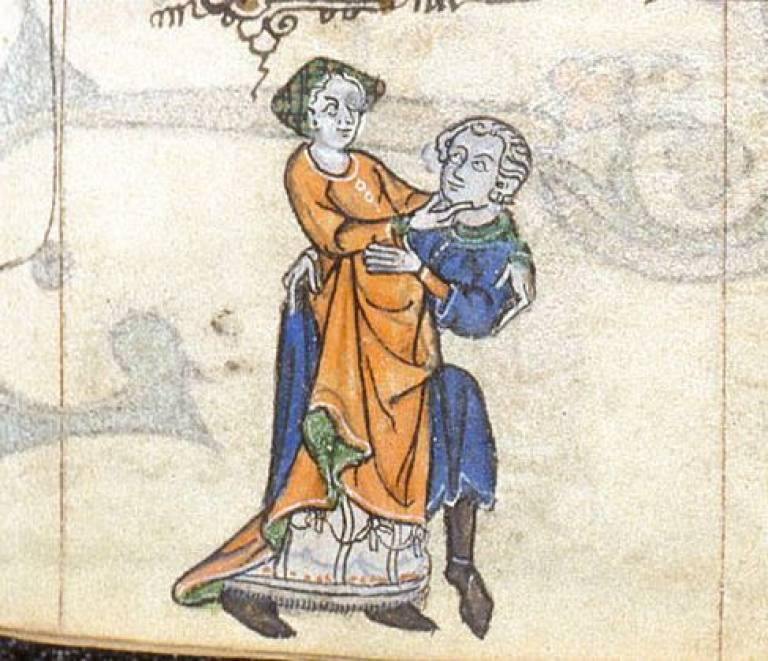 A drawing of a couple embracing on a manuscript. British Library Stowe 17 f. 143