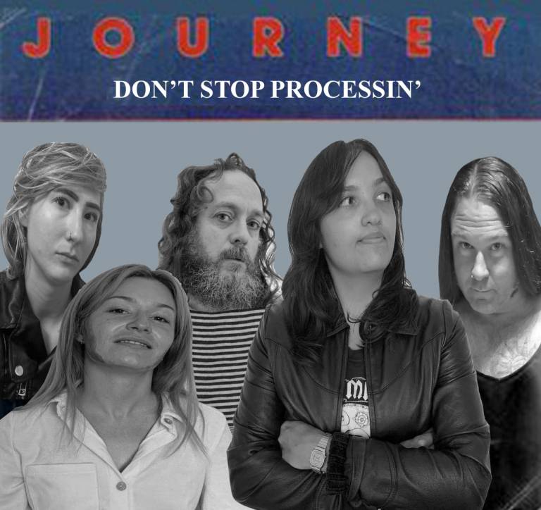 A very convincing photoshop of album artwork with members of the ASE processing team striking moody poses
