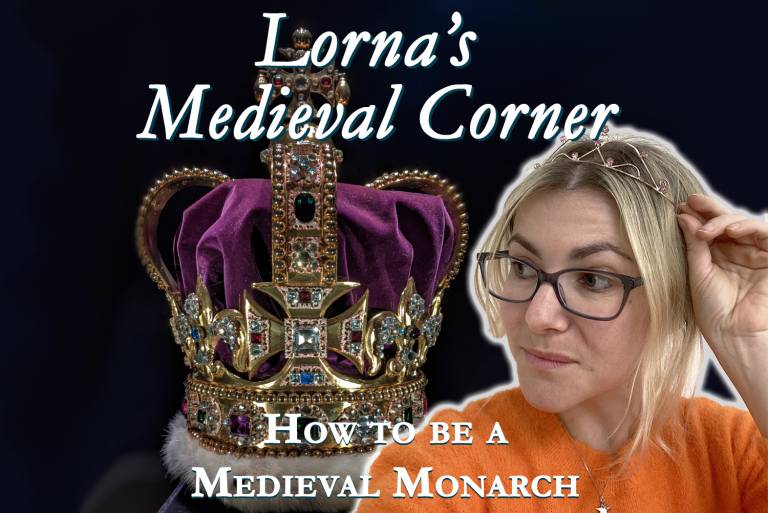 A woman wearing a tiara side-eyes a large crown in the background. Text reads "Lorna's Medieval Corner: How to be a Medieval Monarch"