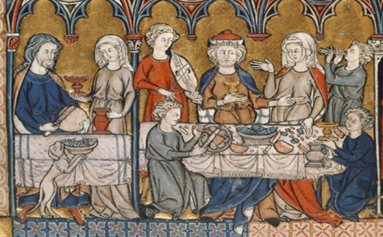 A medieval feast from a manuscript, showing people sitting, eating and listening to music, and a cheeky dog trying to steal food!