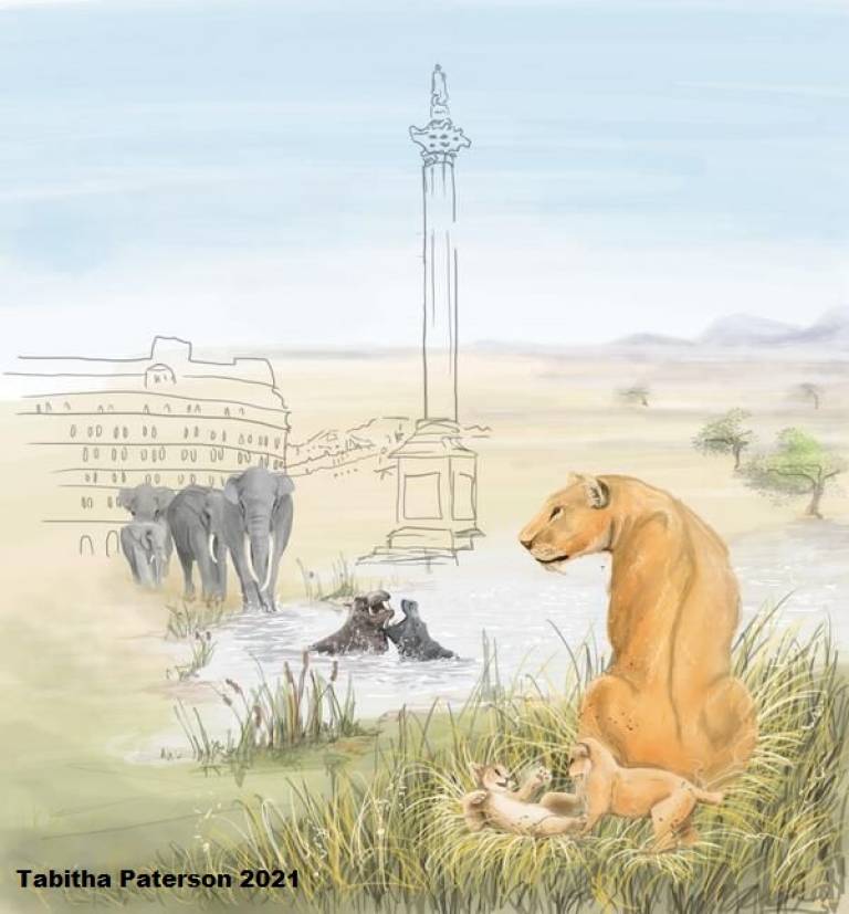 Artwork showing a warm, grassland-like landscape. It features a sabre-toothed cat and kittens, two hippos swimming, and four straight-tusked elephants. A sketch of Nelson’s column is superimposed over the landscape. Copyright Tabitha Paterson 2021.
