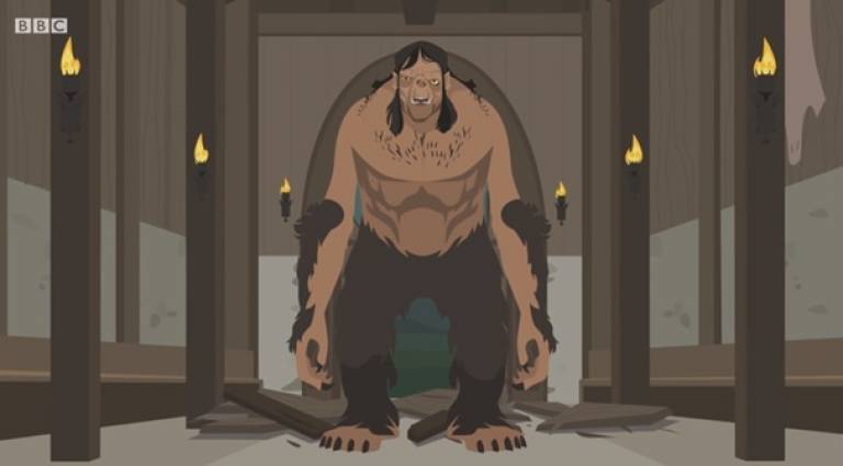 An animated humanoid figure enters a wooden building by breaking the door. He stands tall and broad, with furry legs and arms, and bear-like claws.