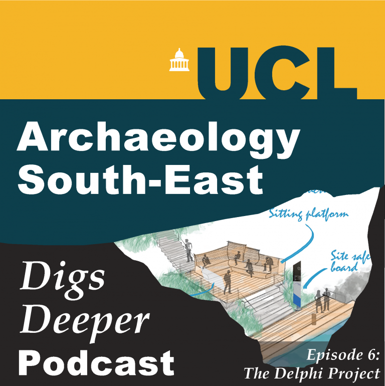 Episode logo for the Delphi Project podcast. Inset features a labelled plan for an archaeological tourist attraction.