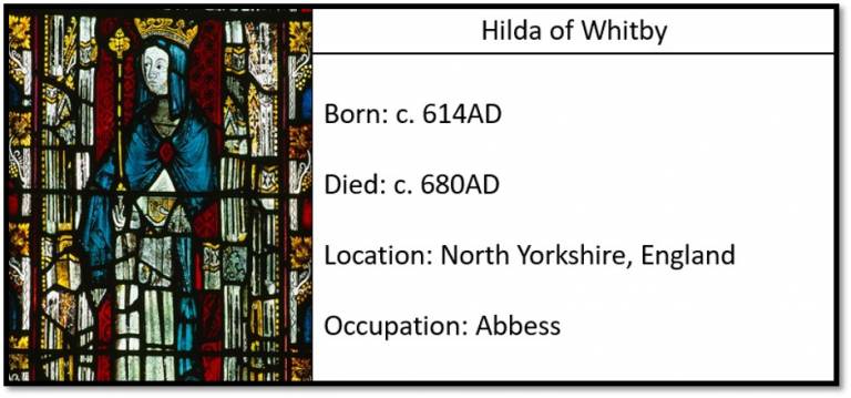 Hilda of Whitby, Abbess. Born c.614AD, Died c.680AD. Location: North Yorkshire, England
