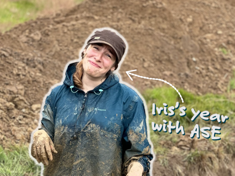 A woman covered in mud smiles ruefully. an arrow points to her with the caption "Iris's year with ASE"