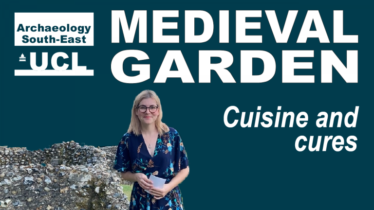 Cover image featuring an inset photo of Lorna on a dark blue/green background. Text reads ASE's Medieval Gardens: Cuisine and Cures