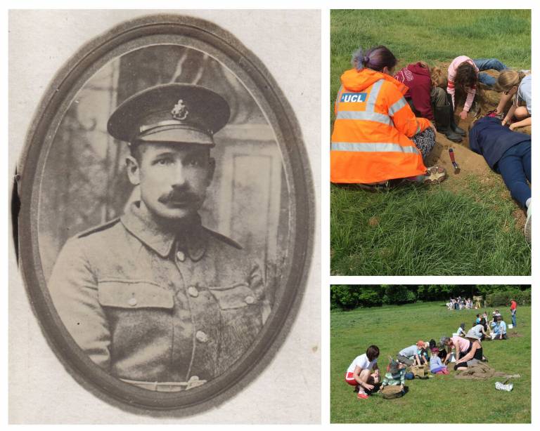 A composite image featuring a black and white photo of a moustached man, and two images of children excavating in a green field