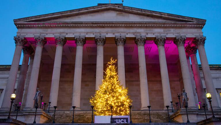 Christmas tree with yellow lights in front of a building portico with pink lighting