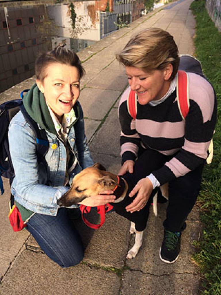 Charlotte Frearson, Clare Balding and Indy the dog on their urban ramblings!