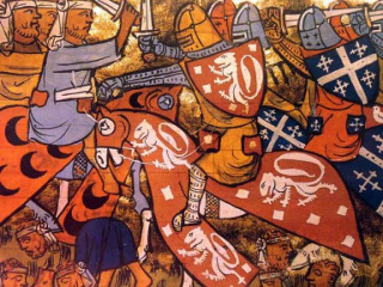 Horseback battle scene from Histoire du Voyage et Conquete de Jerusalem, 1337. (Image courtesy of Malcolm Billings)