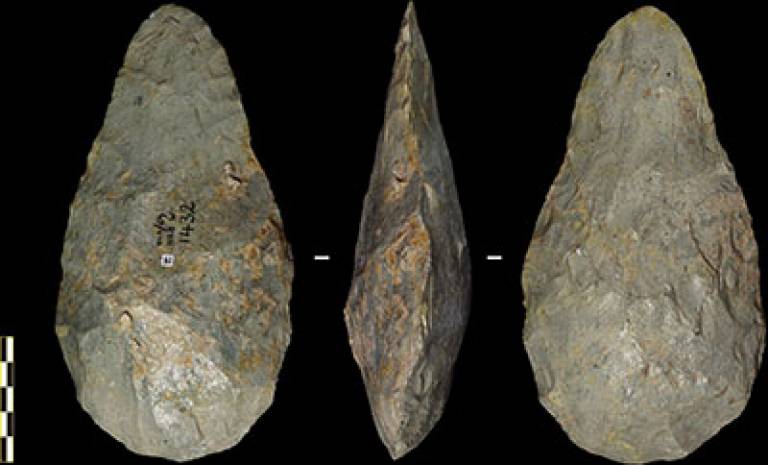 Oldowan core from Olduvai Gorge c.1.6 mya; Acheulean handaxe from Olduvai Gorge c.1.6mya. ©Tomos Proffitt