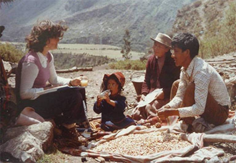 Dr Ann Kendall, on the right, during the early years of the Cusichaca Project, talking with Victor Pacheco at Chamana, Dept. of Cuzco, Peru