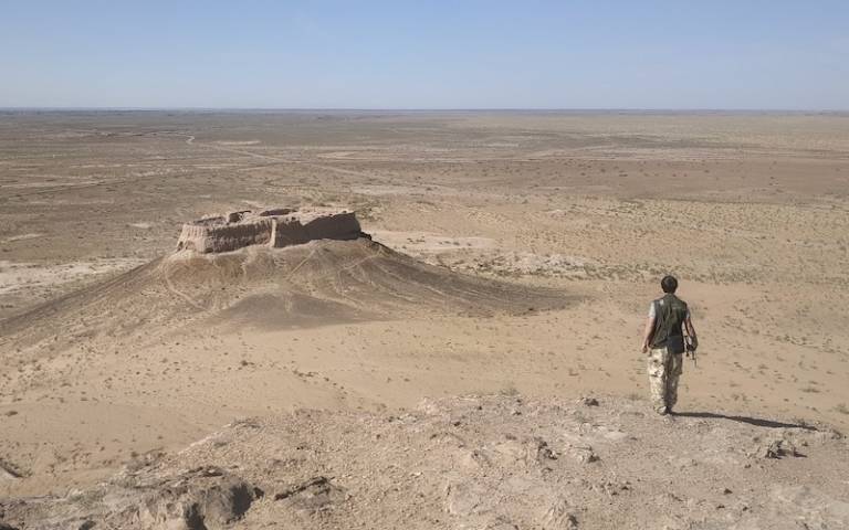 A man walking in a desert environment towards an archaeological site/structure in the distance