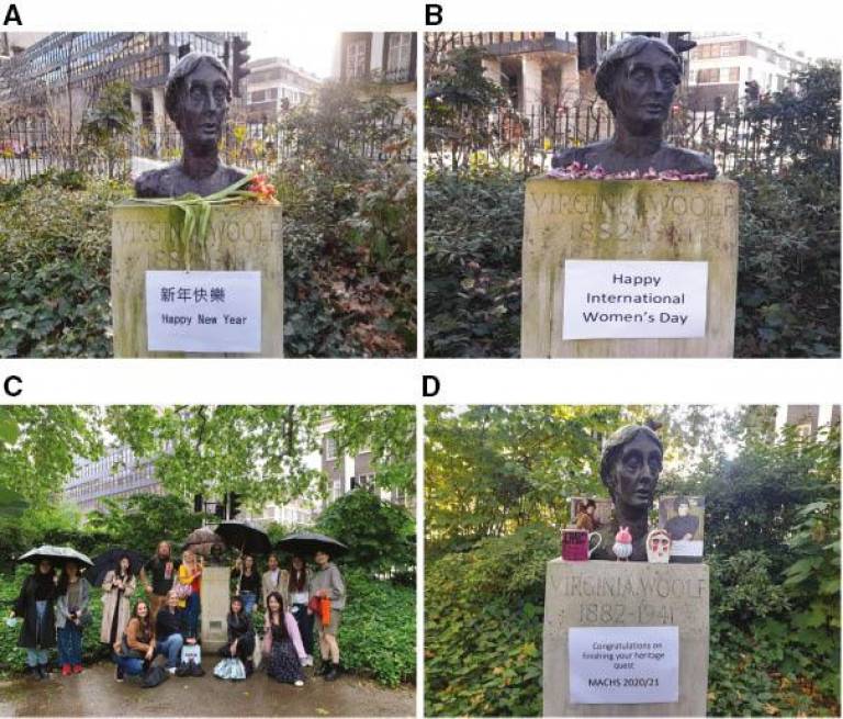 4 pictures showing a statue of a female bust in a London square, in one of the pictures, a group of students gather around it