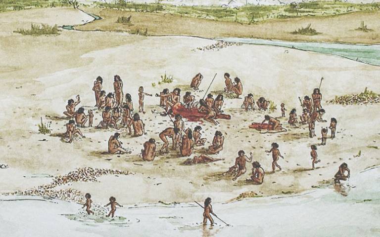 A colour pencil drawing (reconstruction) of Palaeolithic hunter gatherer figures
