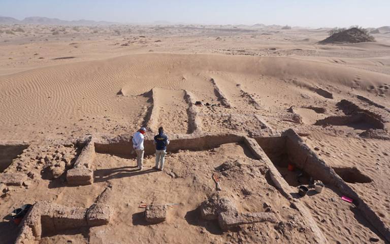 Two people working on an archaeological site in a sandy desert landscape with sand dunes and mountains in the distance and structures being excavated in the foreground