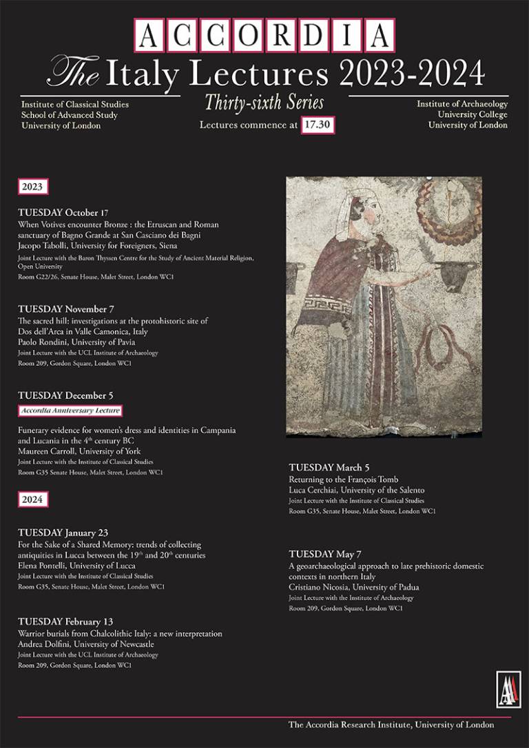 Accordia Lectures 2023 – 2024 (poster) - black background with white text, an image of a wall painting and Accordia logo