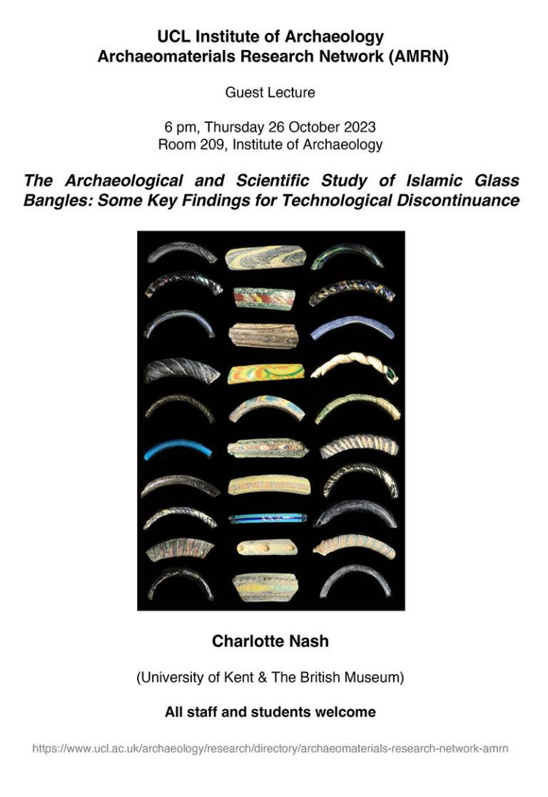 Lecture poster with white background and colourfiul image of archaeological glass bangles in the centre